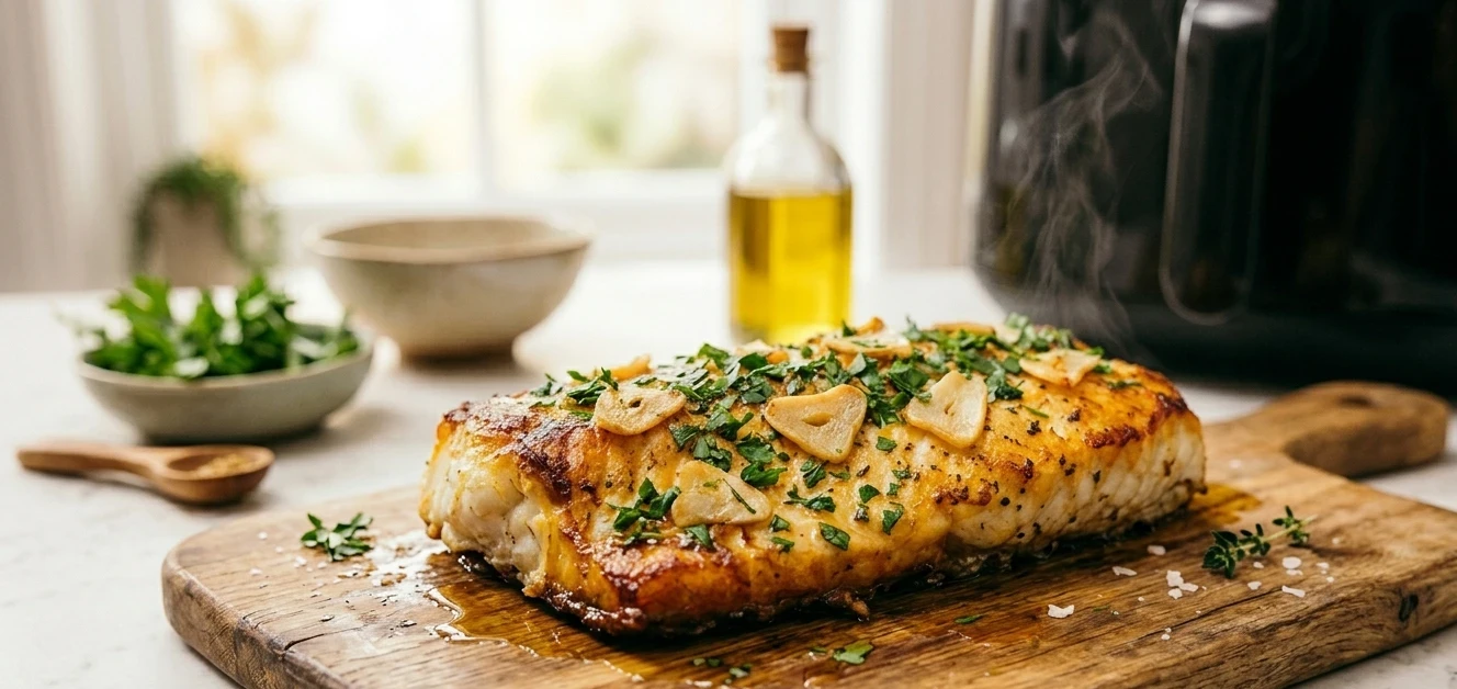 Bacalao en freidora de aire con ajo y pimentón