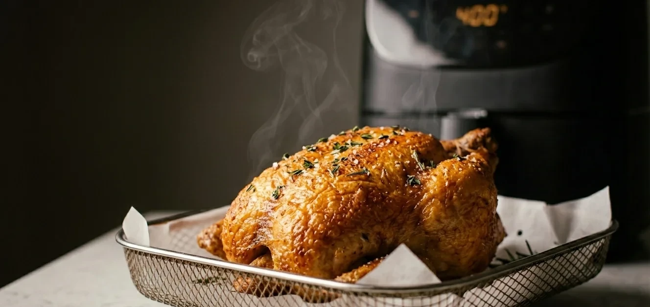 Pollo entero crujiente en freidora de aire
